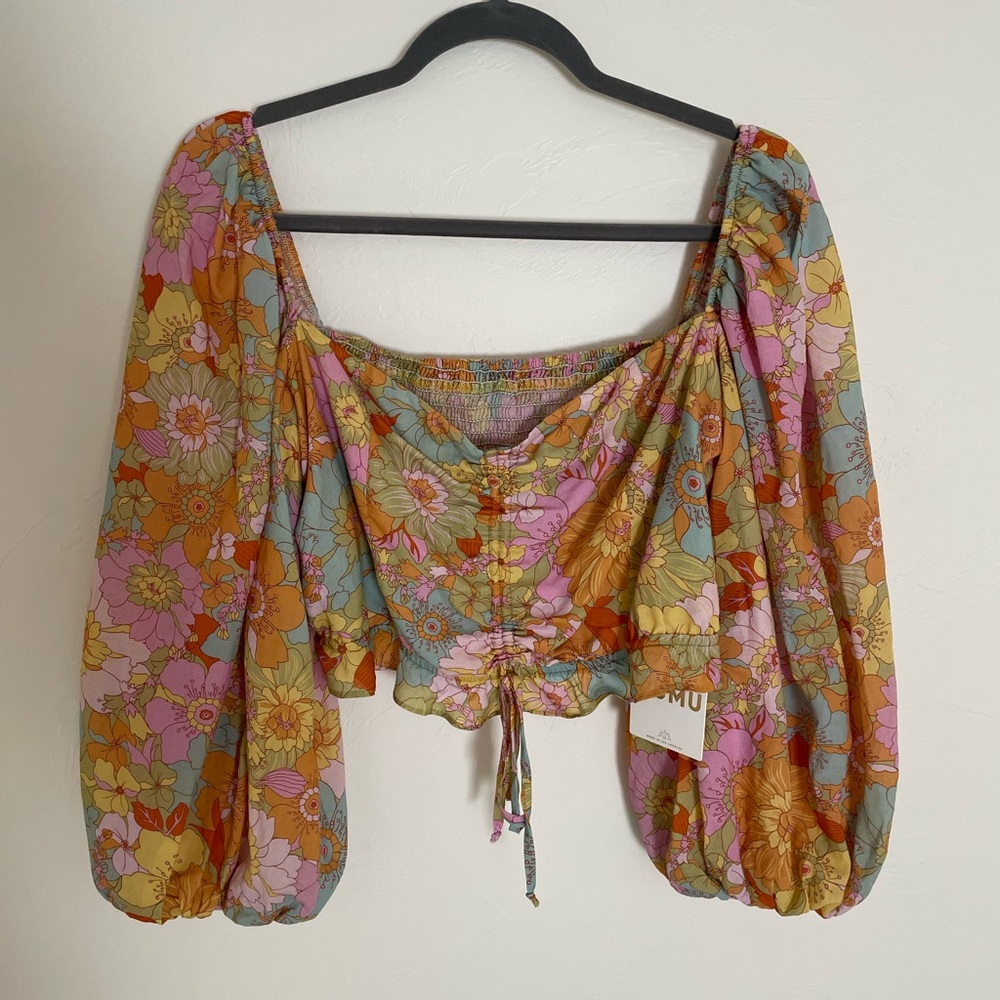 Show Me Your MuMu Floral Puff Sleeve Crop Top in Pink, Orange, Green